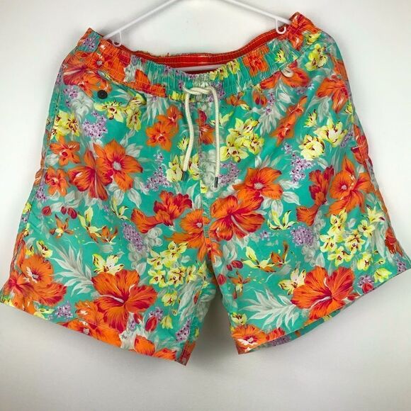 Polo Ralph Lauren Teal and Orange Hibiscus Tropical Print Swim Trunks - Picture 1 of 13